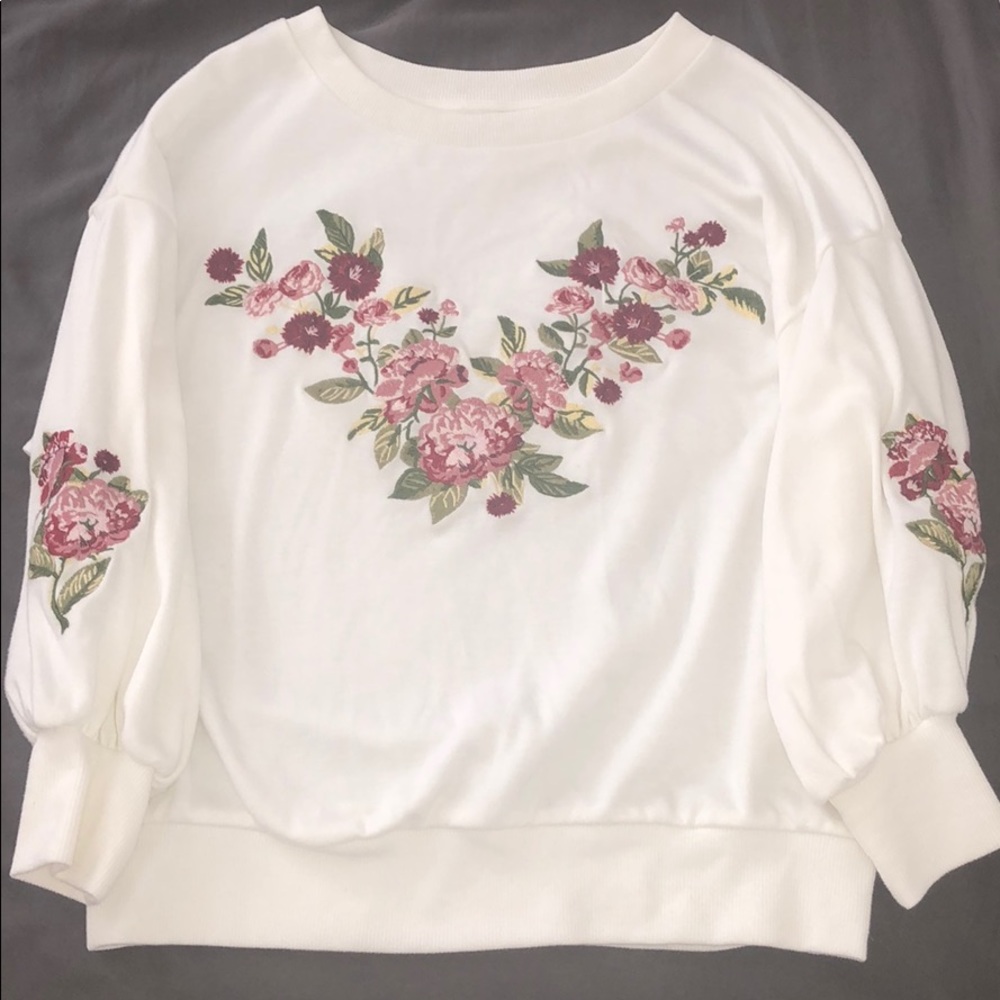 Bershka Floral Embroidered Top with Balloon Sleeve